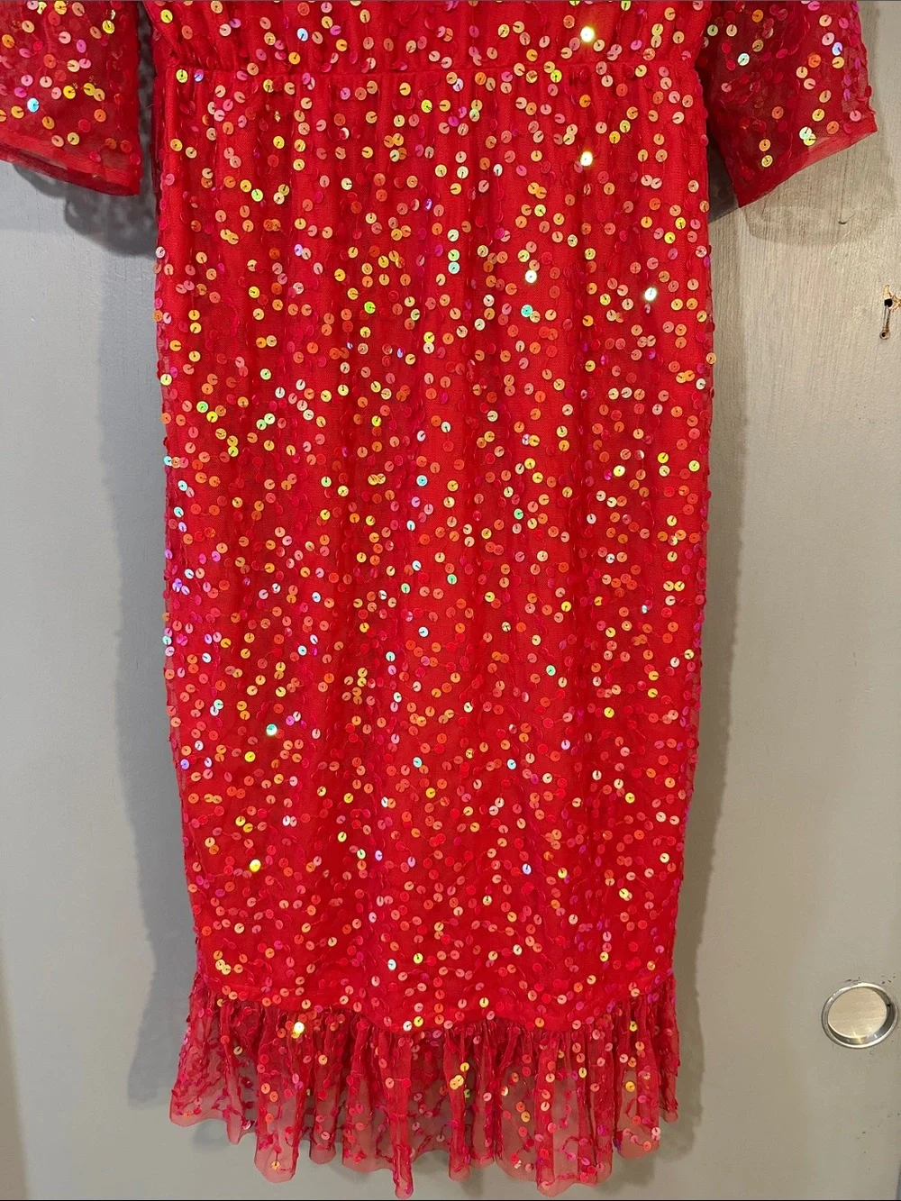 ASOS Red Sequin Midi Dress Size 6 Holiday Party Cocktail Wrap Style - Picture 10 of 10